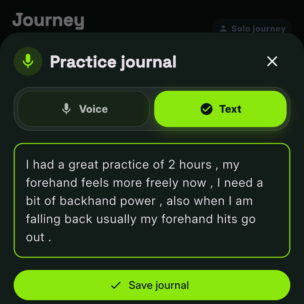 Drop It Practice Journal recording notes after a tennis session